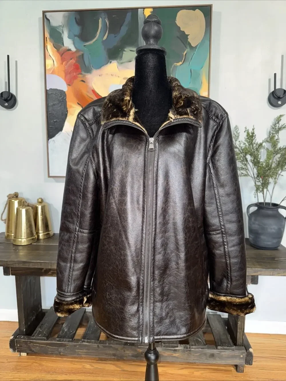 Marc New York Chocolate Brown Faux Fur & Faux Leather Jacket Sz L Sophisticated